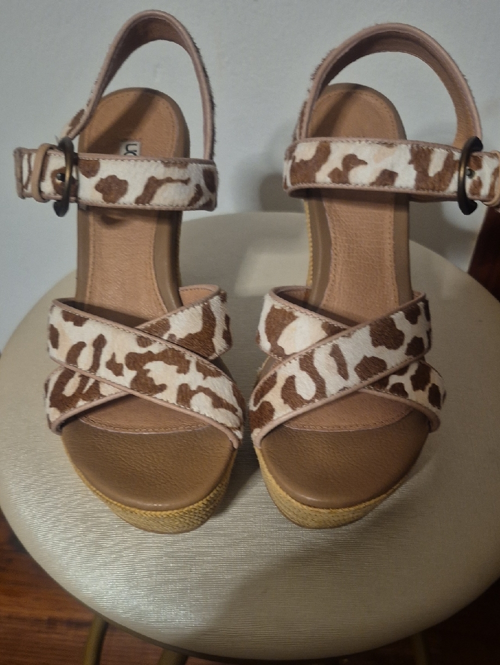 UGG Brown and White Animal Print Wedge Sandals